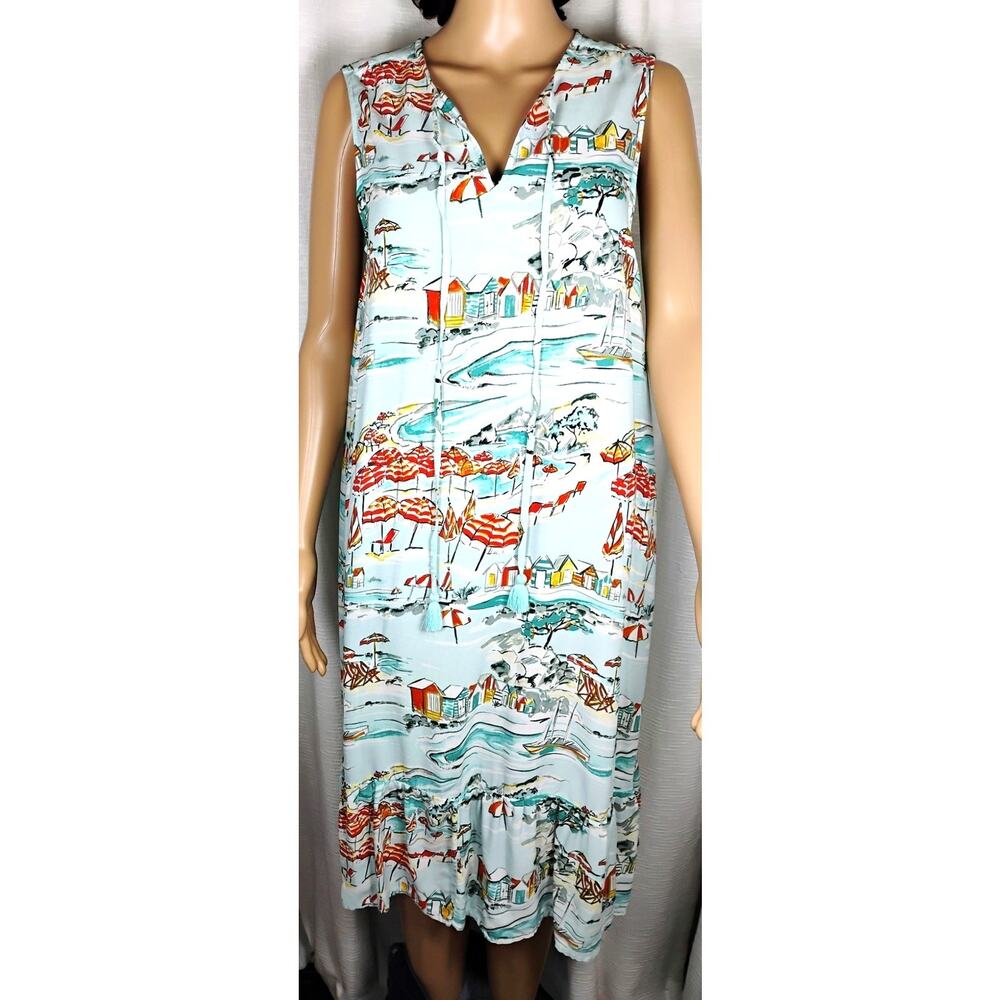 BeachLunchLounge Beach Scene High Low Dress Ruffle Hem Tie Neck Small